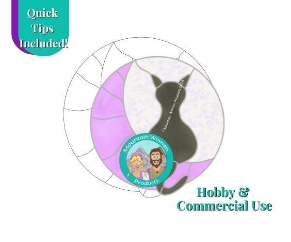 Moon Cat Silhouette Stained Glass Pattern with black back cat sitting on pink crescent moon Mountain Woman Products