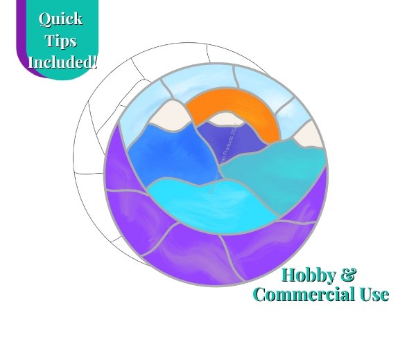 Mountain Moon stained glass pattern with purple moon lake varying shades of blue mountains with snow caps and an orange sun Mountain Woman Products