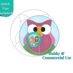 Owl in a circle stained glass pattern with dark and light pink feathers and googley eyes Mountain Woman Products