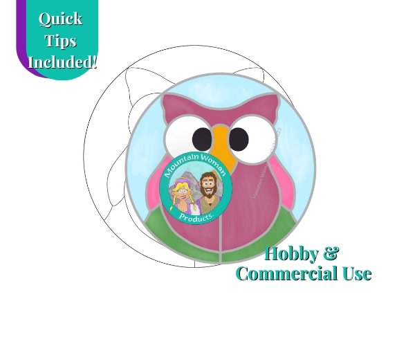 Owl in a circle stained glass pattern with dark and light pink feathers and googley eyes Mountain Woman Products