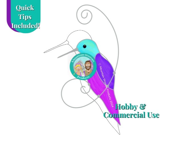 Simple Hummingbird on a Wire Stained Glass Pattern with aqua purple and pink Mountain Woman Products