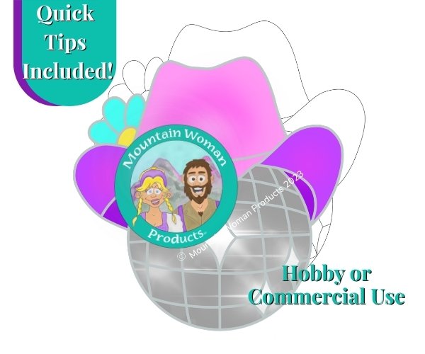 Cowgirl disco ball pattern with pink and purple hat with an aqua flower on the brim Mountain Woman Products
