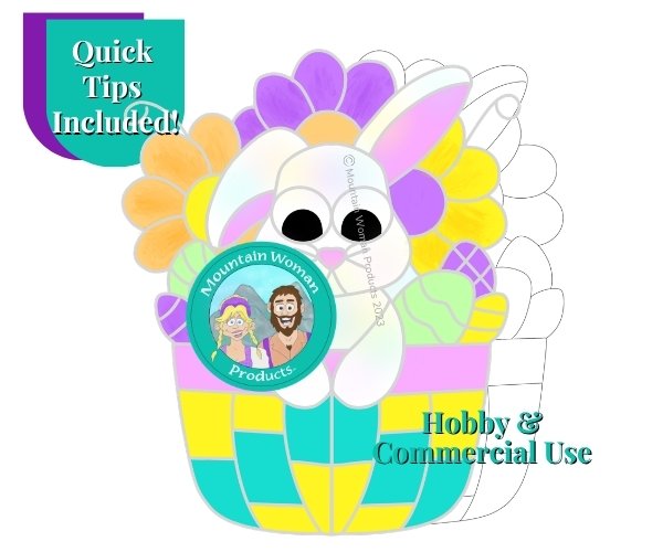 White Easter Bunny in a Basket Stained Glass pattern with eggs and flowers and one floppy ear Mountain Woman Products