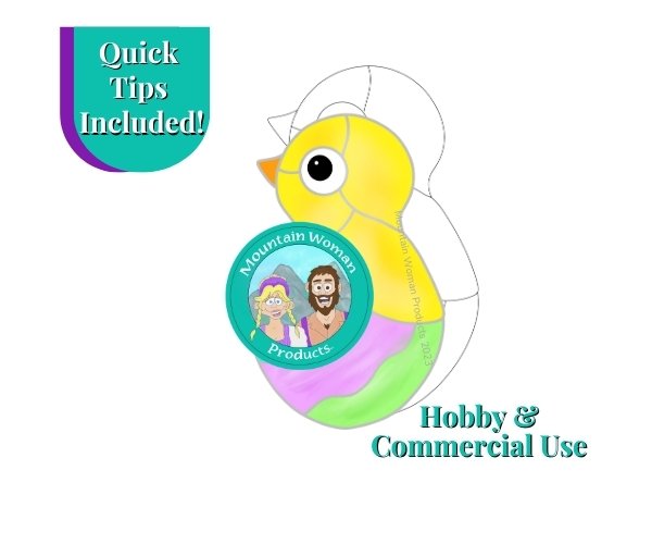 Easter Chick Stained Glass Pattern with yellow chicken coming out of a multicolored pastel half eggshell Mountain Woman Products