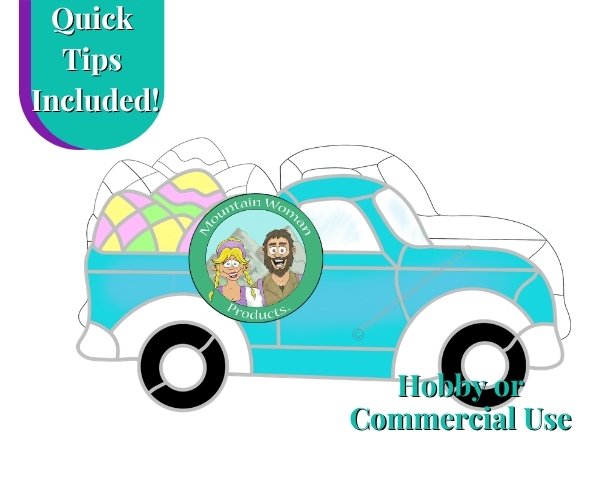 Aqua Colored Easter Egg Vintage Truck Stained Glass Pattern with pastel eggs in the bed of the truck Mountain Woman Products