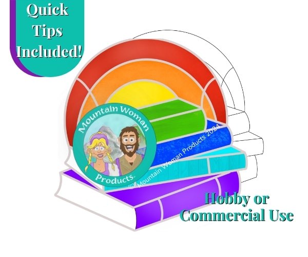 Rainbow Books Stained Glass Pattern showing a stack of books with a rainbow over top of them Mountain Woman Products