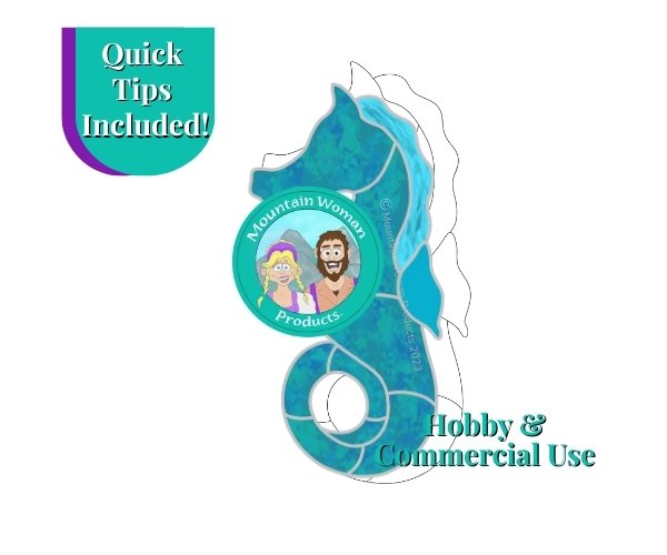 Seahorse Suncatcher Stained Glass Pattern with teal body and aqua mane Mountain Woman Products logo