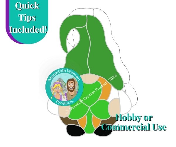 St Pattys Day Gnome Stained Glass Pattern with green gnome hat orange beard and holding a shamrock Mountain Woman Products
