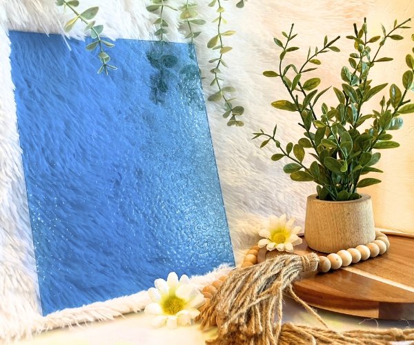 Wissmach Light Blue Corella Classic stained glass sheet with plant and daisies Mountain Woman Products