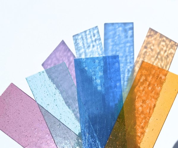 wissmach seedy stained glass sheets in rose pale green blue and amber refraction