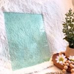 Wissmach Pale Green Seedy Stained Glass Sheet with a white background and a plant with daisies in the Mountain Woman Products studio