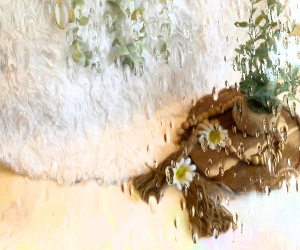Raindrops clear stained glass sheet with a plant and daisies behind it in Mountain Woman Products studio