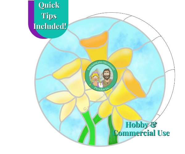 Triple Daffodils Stained Glass Pattern Mountain Woman Products with yellow white and orange narcissus and blue background