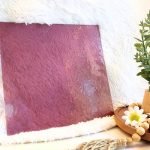 Wissmach Pale Rose Seedy Stained Glass Sheet with a white background and a plant with daisies in the Mountain Woman Products studio