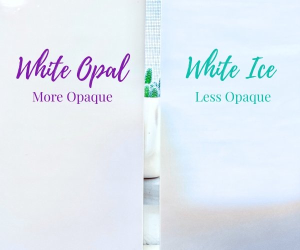 Designer Glass White Opal and White Ice comparison showing greater opacity on white ice in Mountain woman products studio