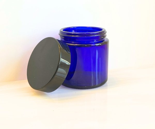 Cobalt Blue Glass jar with black lid Mountain Woman products