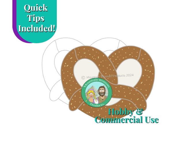 Soft Pretzel stained glass pattern with brown pretzel and salt Mountain Woman products logo