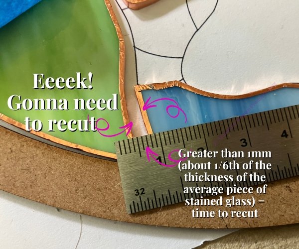 foiled stained glass pieces next to each other showing a big gap between pieces for soldering and a ruler with about 3mm Mountain Woman Products