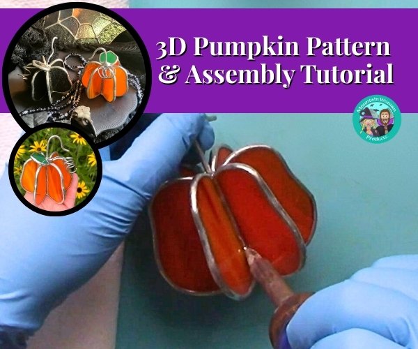 3d Pumpkin stained glass pattern showing finished and soldering black and orange pumpkins Mountain Woman Products stained glass studio