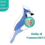 Blue Jay Stained Glass Suncatcher Pattern with varying shades of blue a black beak and a white face and belly Mountain Woman Products stained glass studio