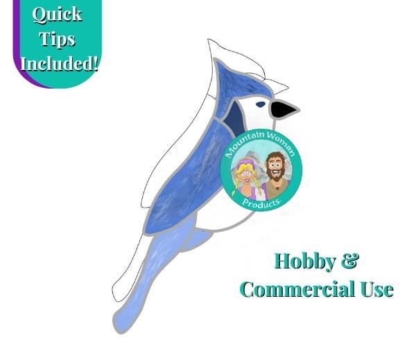 Blue Jay Stained Glass Suncatcher Pattern with varying shades of blue a black beak and a white face and belly Mountain Woman Products stained glass studio