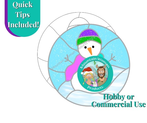 Snowman Stained Glass Pattern with snowman wearing a purple and green hat and a pink scarf in a circle background with blue sky and snowy hills Mountain Woman Products