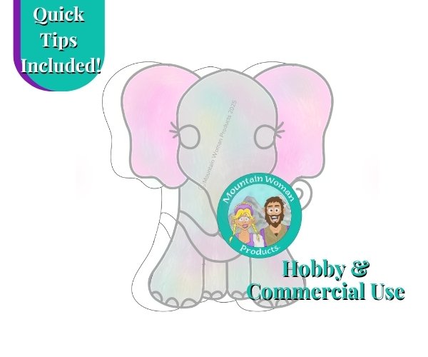 elephant baby stained glass pattern with grey body head legs and trunk and pink ears with wirework eyelashes and toenail showing mountain woman products logo of blonde haired girl with braids and brown haired bearded dude in front of a mountain