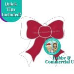 christmas bow ornament stained glass pattern with red flowing bow mountain woman products logo showing blonde girl with braids brown haired bearded guy with mountains in the background