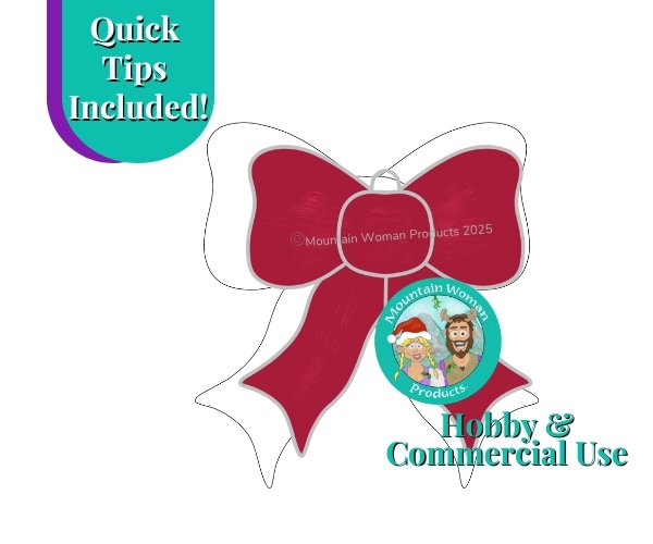 christmas bow ornament stained glass pattern with red flowing bow mountain woman products logo showing blonde girl with braids brown haired bearded guy with mountains in the background
