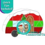 Christmas Camper Stained Glass Pattern in vintage teardrop style with red & green panels, a window, a brown door with decorative wirework and snow on the top and a christmas tree by Mountain Woman Products stained glass studio with their logo showing blonde haired girl with braids and a bearded brown haired guy with a mountain in the background