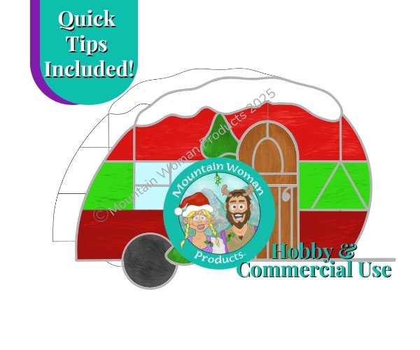 Christmas Camper Stained Glass Pattern in vintage teardrop style with red & green panels, a window, a brown door with decorative wirework and snow on the top and a christmas tree by Mountain Woman Products stained glass studio with their logo showing blonde haired girl with braids and a bearded brown haired guy with a mountain in the background