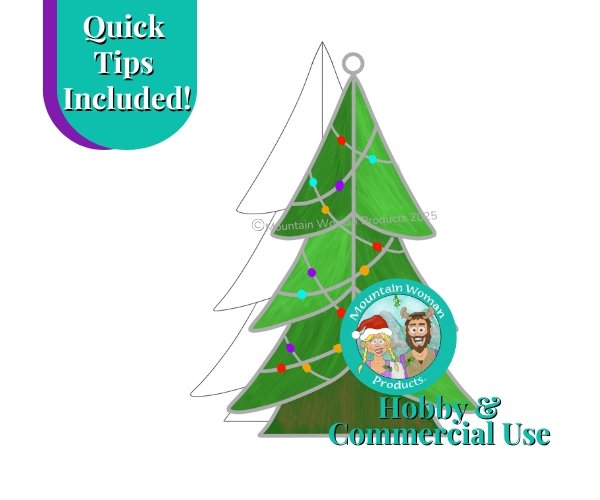 Christmas Tree Stained Glass Pattern with varying shades of green and multi colored lights with the Mountain woman products logo and Hobby or Commercial use