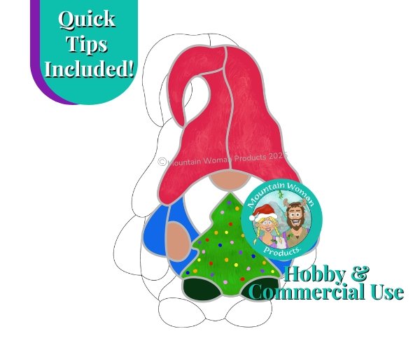 Christmas Tree Gnome Stained Glass Pattern with gnome holding a decorated Christmas tree dressed in a red hat with blue outfit and white beard Mountain Woman Products
