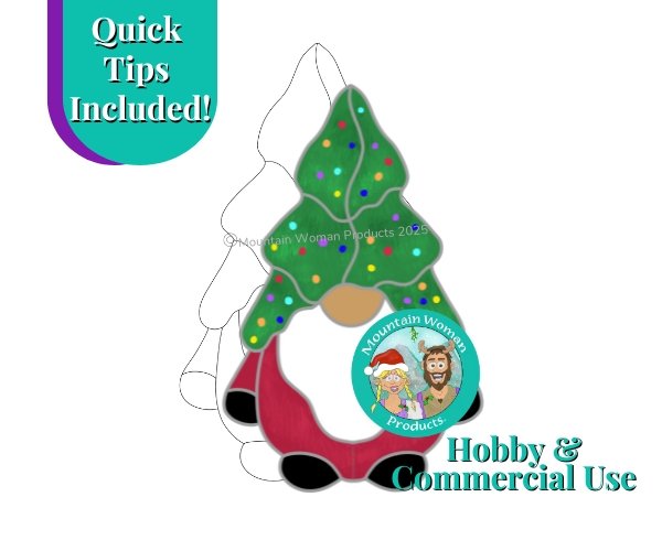 Christmas Tree Hat Gnome with a red outfit black shoes and gloves a white beard and a christmas tree hat in green with multi colored lights on it and the Mountain Woman Products logo