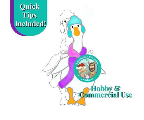 Christmas Winter Silly Porch Goose Stained Glass Pattern with aqua hunting hat with ear flaps pink purple ;scarf and mountain woman products logo