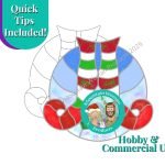 Christmas Elf Legs Stained Glass Pattern with striped socks & red shoes with blue background Mountain Woman Products