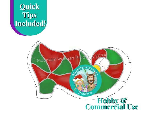 Christmas Elf Shoe Stained Glass Pattern with victorian style curled toe red and green shoe and Mountain Woman Products logo showing blonde girl with two braids and a santa hat and brown haired bearded buy with reindeer antlers