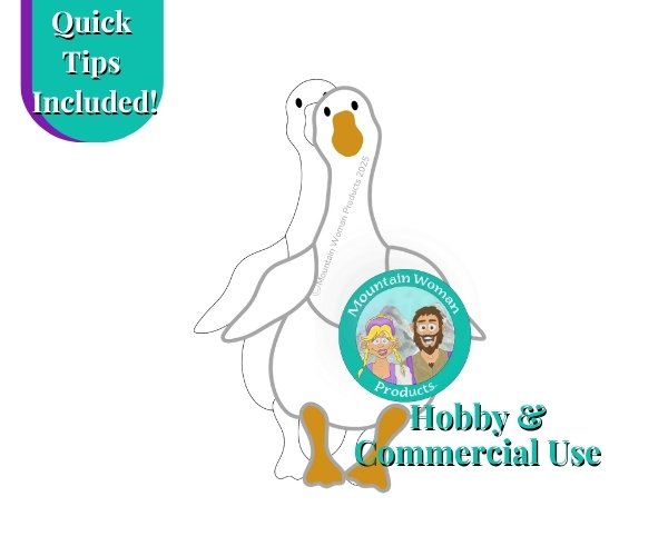 silly porch goose stained glass pattern showing white and orange goose with mountain woman products logo with blonde haired girl with braids brown haired bearded dude with a mountain behind them