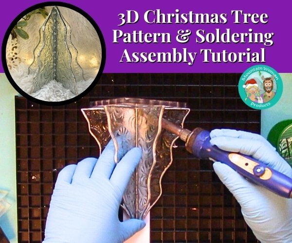3D Stained Glass Christmas Tree Pattern showing clear Floreal glass tree being soldered and finished tree with white lights behind it Mountain Woman Products