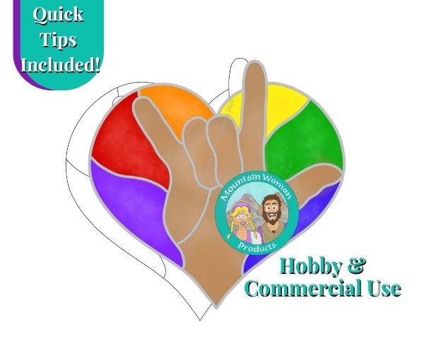 ASL Love Heart Stained Glass Pattern showing hand sign in caramel color with rainbow heart surrounding it Mountain Woman Products