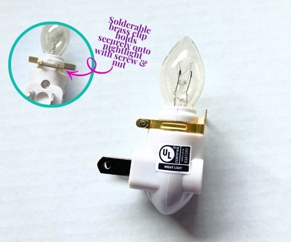 Nightlight Automatic Sensor with brass clip for stained glass with clear bulb showing screw in back for securely attaching clip Mountain Woman Products