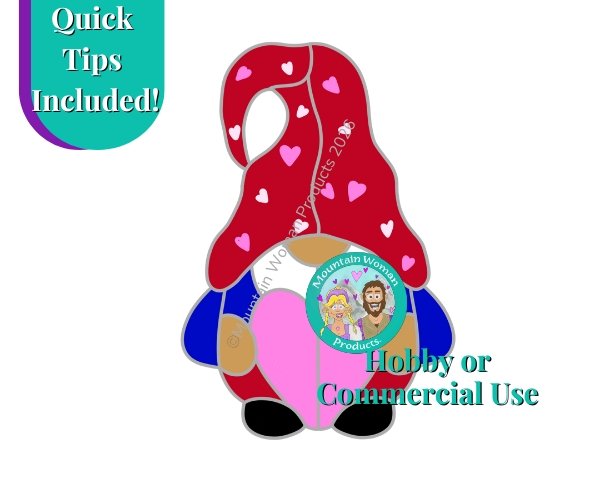 valentine's day heart gnome stained glass pattern with a red hat and pants blue shirt white beard holding a pink heart from the mountain woman products studio
