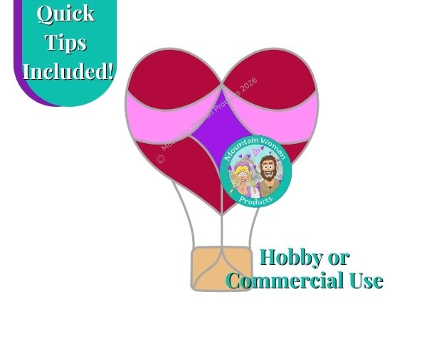 heart hot air balloon stained glass pattern in red pink and purple with tan basket from Mountain Woman Products studio