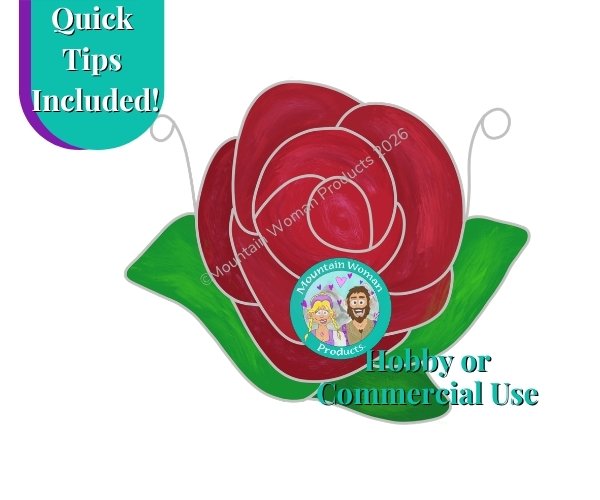 rose suncatcher stained glass pattern with red rose and green leaves open petals from mountain woman products studio