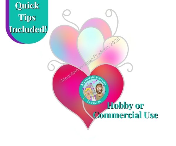Valentine's day triple hearts stained glass pattern with three hearts stacked on top of each other at varying angles in pink white and red from the mountain woman products studio