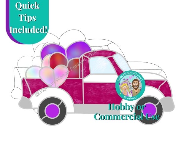 Valentine's Day Vintage Truck Stained Glass pattern showing dark pink and white truck with purple red white and pink hearts in the bed and the Mountain Woman Products logo