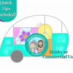 Vintage Peace & Love Teardrop Camper Stained Glass Pattern with white top aqua bottom purple and orange flower in the window with pink curtains and a yellow peace sign window in an orange door from mountain woman products studio