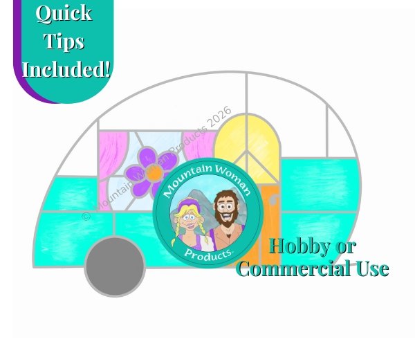 Vintage Peace & Love Teardrop Camper Stained Glass Pattern with white top aqua bottom purple and orange flower in the window with pink curtains and a yellow peace sign window in an orange door from mountain woman products studio