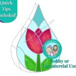 Tulip Teardrop stained glass pattern with red flower green stems and leaves and blue background from Mountain Woman Products