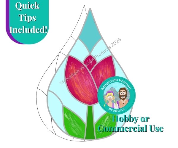 Tulip Teardrop stained glass pattern with red flower green stems and leaves and blue background from Mountain Woman Products